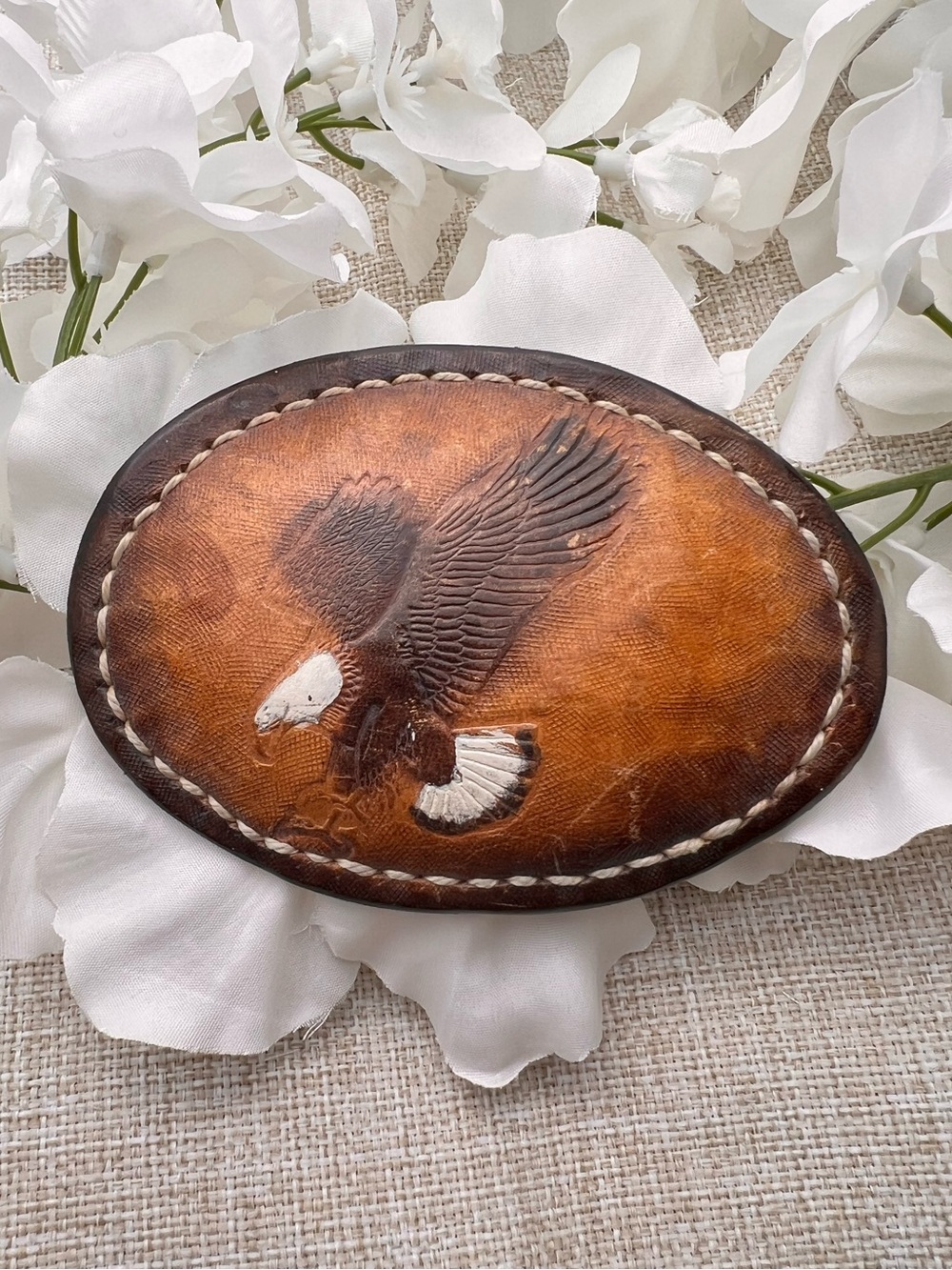 VINTAGE Stamped American Eagle Brown Leather White Stitched Oval Belt Buckle